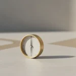 Minimalist brass compass pointing toward a narrow path as a wider path fades into a soft, neutral background.