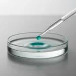 Single droplet from a glass pipette hits a clear petri dish of water, forming a crisp ripple and dye bloom on a soft gray background.
