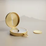 Polished brass compass in focus with a subtle coin off to the side on a soft neutral background.