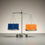 Minimalist balance scale tipped to a blue card over an orange card on a neutral background, symbolizing choosing between conflicting feedback.