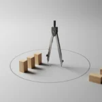 Drafting compass drawing a clean circle around a few blocks, with extra blocks outside on a soft gray background.