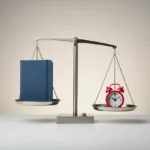 Minimal balance scale weighing a blue notebook against a red alarm clock on a soft gray background.