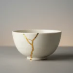 White ceramic bowl repaired with gold seams on a soft gray background, softly lit with a clear focal highlight on the repair.
