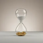 Minimalist glass hourglass with sand flowing into a small pile of gold coins on a soft gray background.