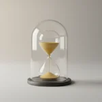 Hourglass under a clear glass dome on a soft gray background, symbolizing protected time for deep skill practice.