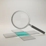 Magnifying glass highlighting one teal square among muted options on a soft gray background.