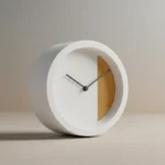Minimalist white desk clock with a single amber time-block segment, symbolizing protected outreach time on a soft neutral background.