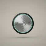 Brushed metal decision dial with icons for timeline, scope, and resources on a soft gray background.