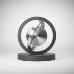 Polished metal gyroscope on a soft gray background, inner ring tilted to show controlled pivot and steady balance.