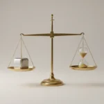 Balanced brass scale with a polished product prototype and hourglass, symbolizing quality standards and release pressure.